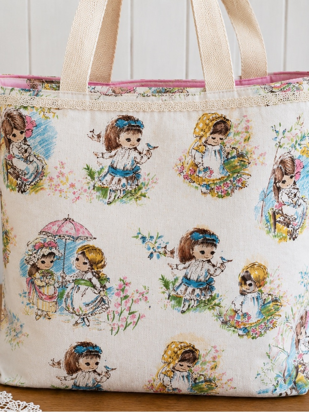 VINTAGE 1960'S Storybook Little Girls 44" x 35" Cottagecore Nursery Fabric - Picture 11 of 12